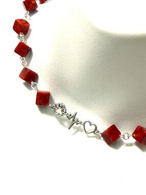 Red Reconstituted Coral w/ Silver Paw Print Heart Beat Pendant Necklace